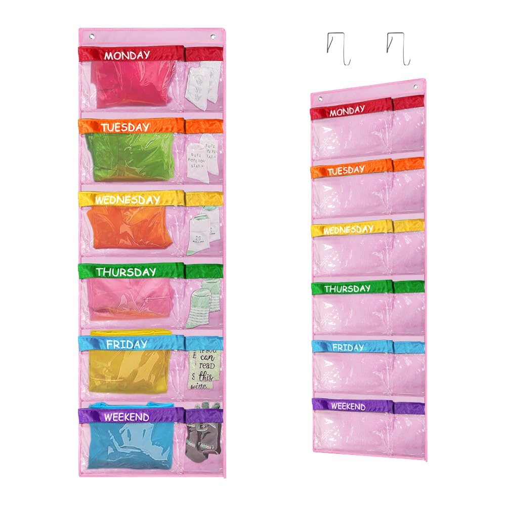 ABCKEY Rainbow Weekly Kids Clothes Organizer for Daily Activity Portable Kids Clothes Storage White Pink