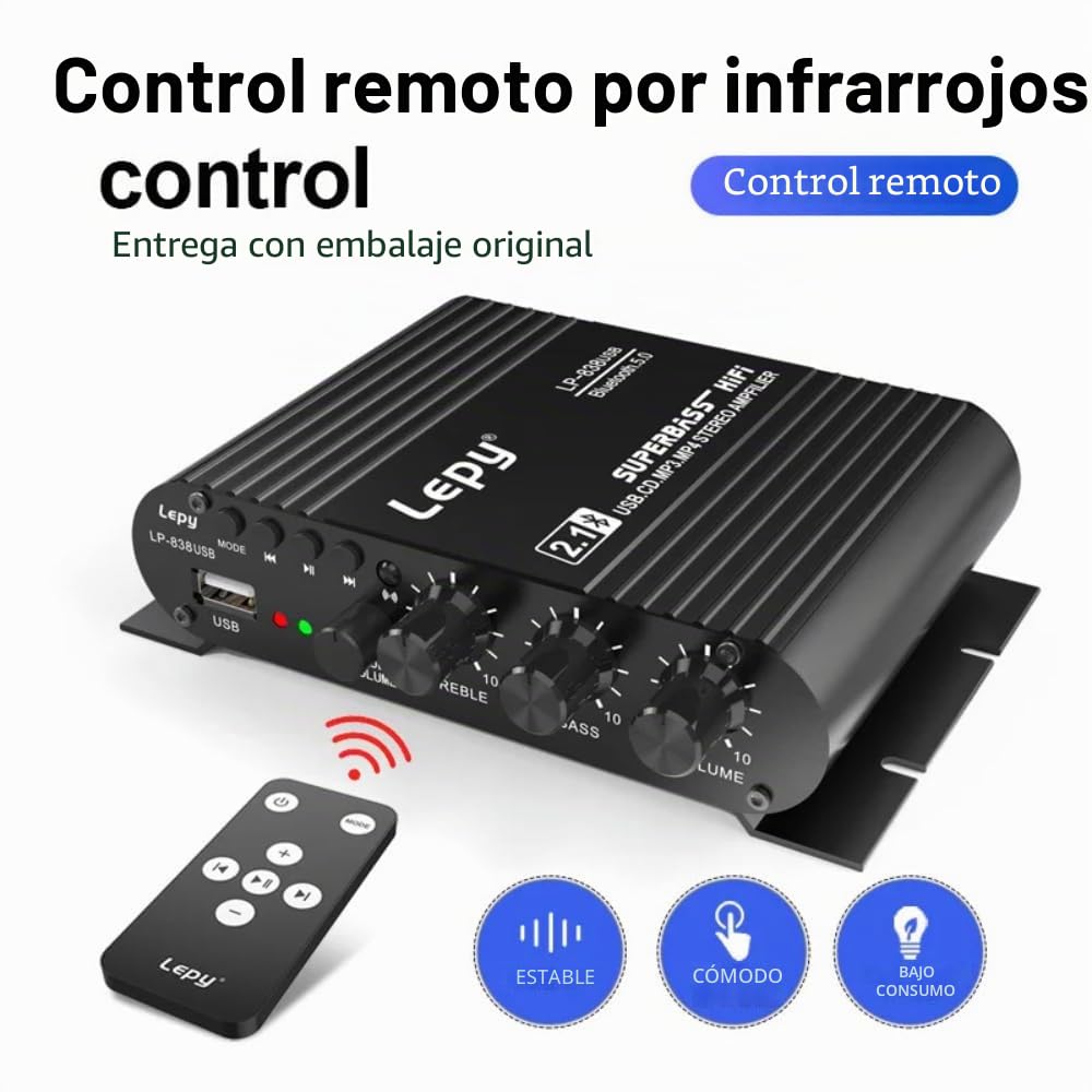 LP-838USB Bluetooth 5.0 Amplificador 2.1 3 canales Soporte Super Bass Reproducción USB con mando a distancia