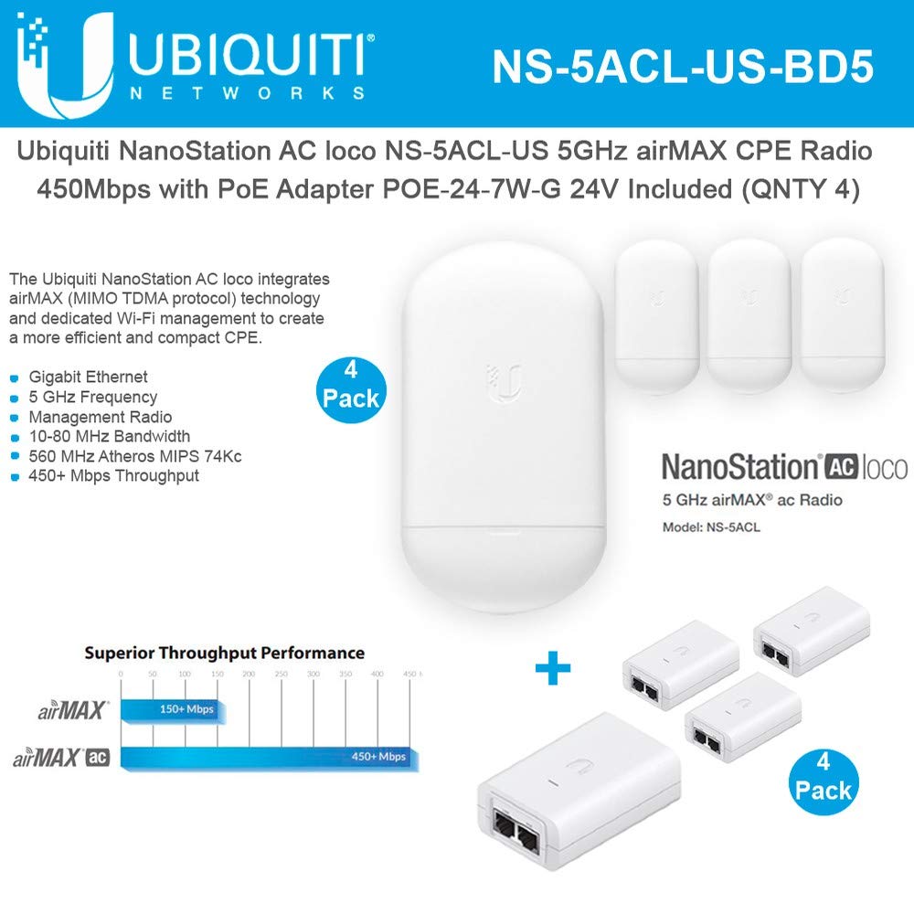 NanoStation AC loco NS-5ACL-US Loco5ac 5GHz 802.11ac airMAX CPE Radio 450Mbps Wireless Access Point (4-Pack) with PoE POE-24-7W-G Included (4-Pack)