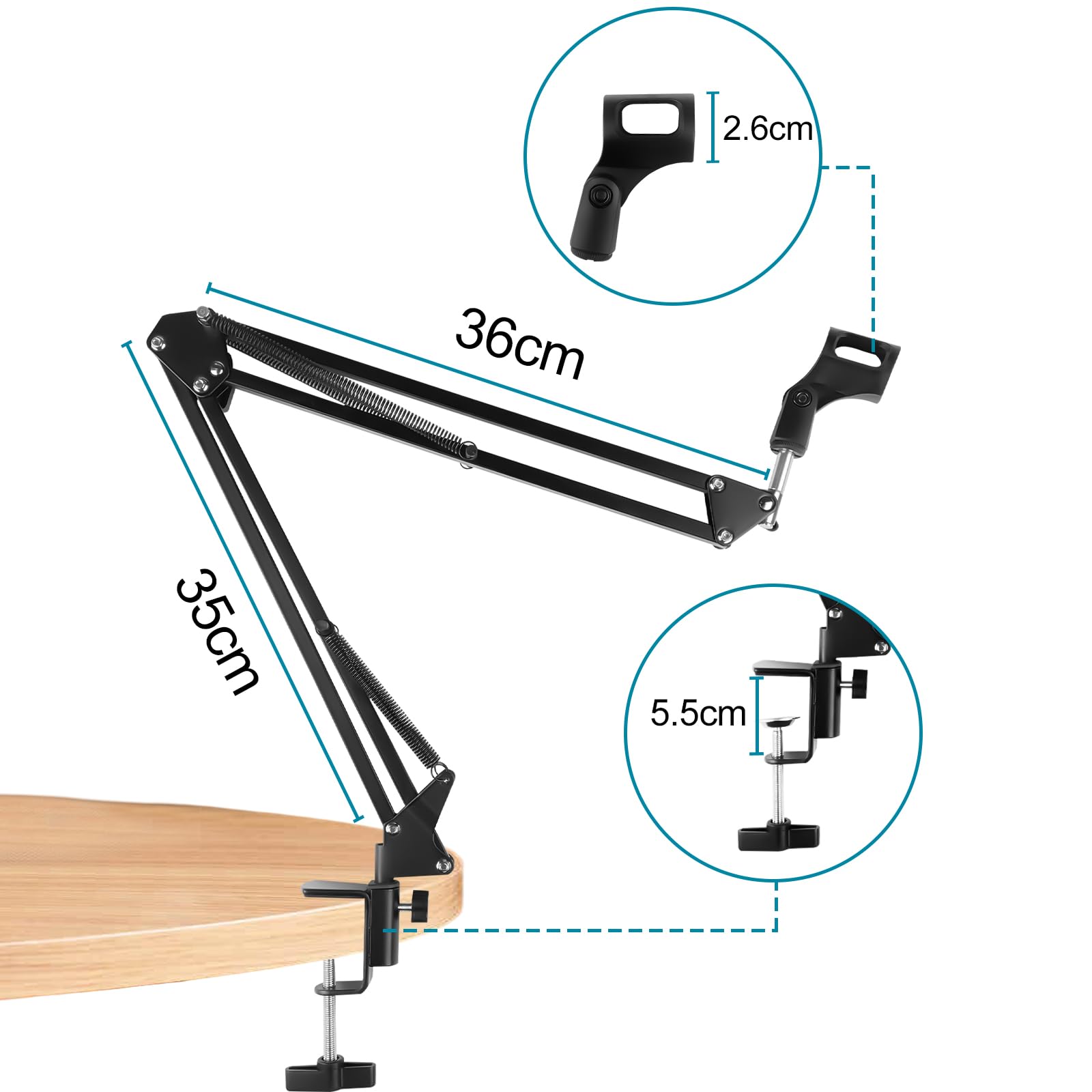 Relota Bras Micro Réglable, Support de Microphone Noir avec Filtre Anti-Pop, Pince à Micro, 5 Attaches de Câble, Anti-choc, Perche Micro Suspension pour Studio, Diffusion, Enregistrement, Gaming
