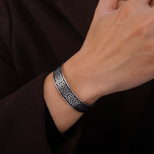 Miniatura 2 de TEAMER Pulsera de nudo celta irlandés nórdico de acero inoxidable vikingo de nudo celta vikingo, brazalete negro de plata antigua para hombres, 2,4