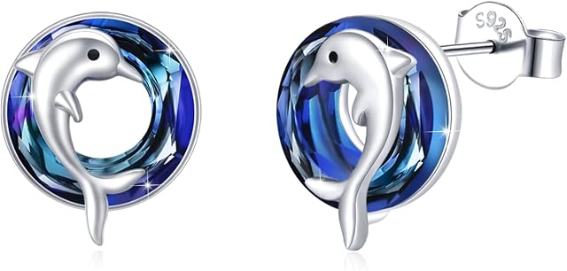 Dolphin Earrings 925 Sterling Silver Dolphin Studs Earrings with Circle Crystal Earrings Animal Jewellery for Women Girls Kids