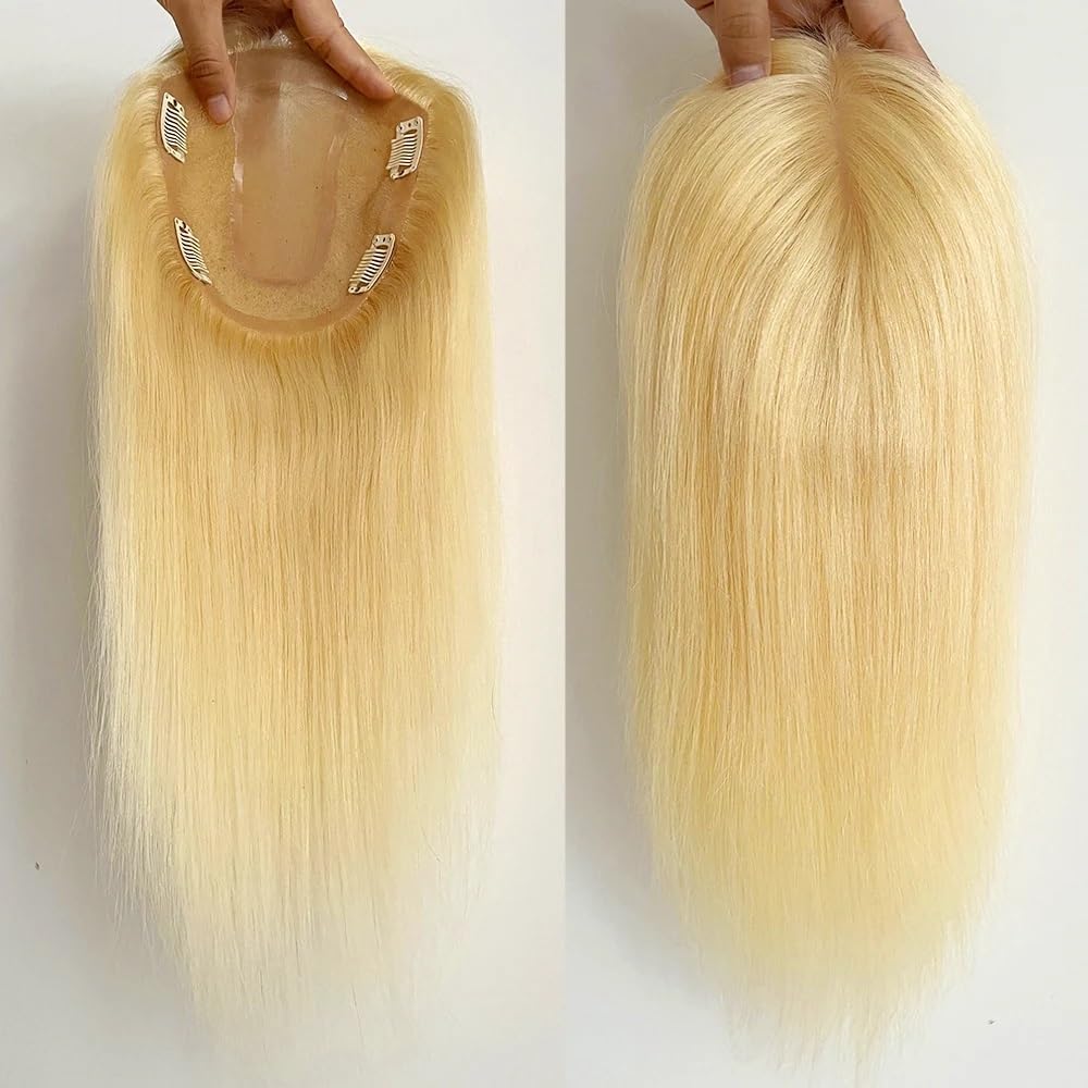 14 x 16 cm naturalna jedwabna końcówka na bazie skóry głowy, blond włosy, jedwabna peruka z klipsami dla kobiet, puszysta i naturalna (35 cm)
