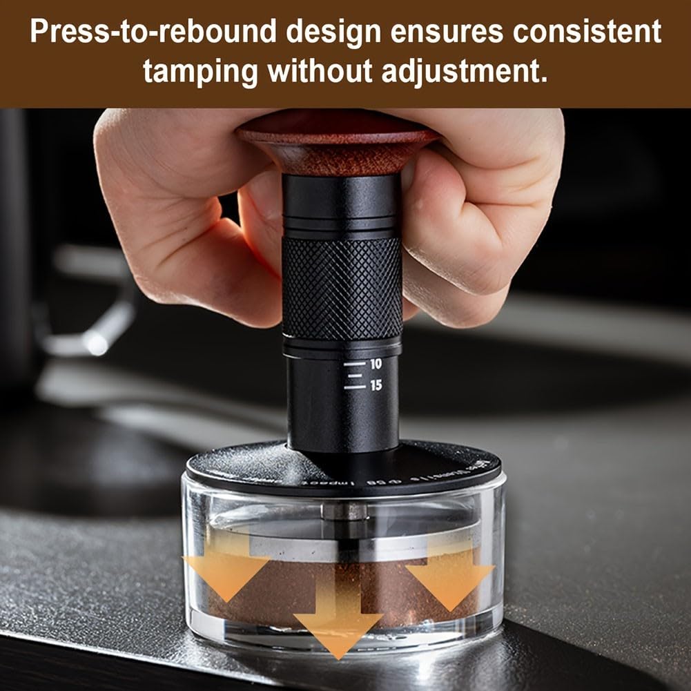 Prensador de espresso con entrega de presión con resorte de precisión, almacenamiento magnético para espacio de trabajo desordenado y base ondulada para aumentar la extracción, disponible en 51 mm, 53