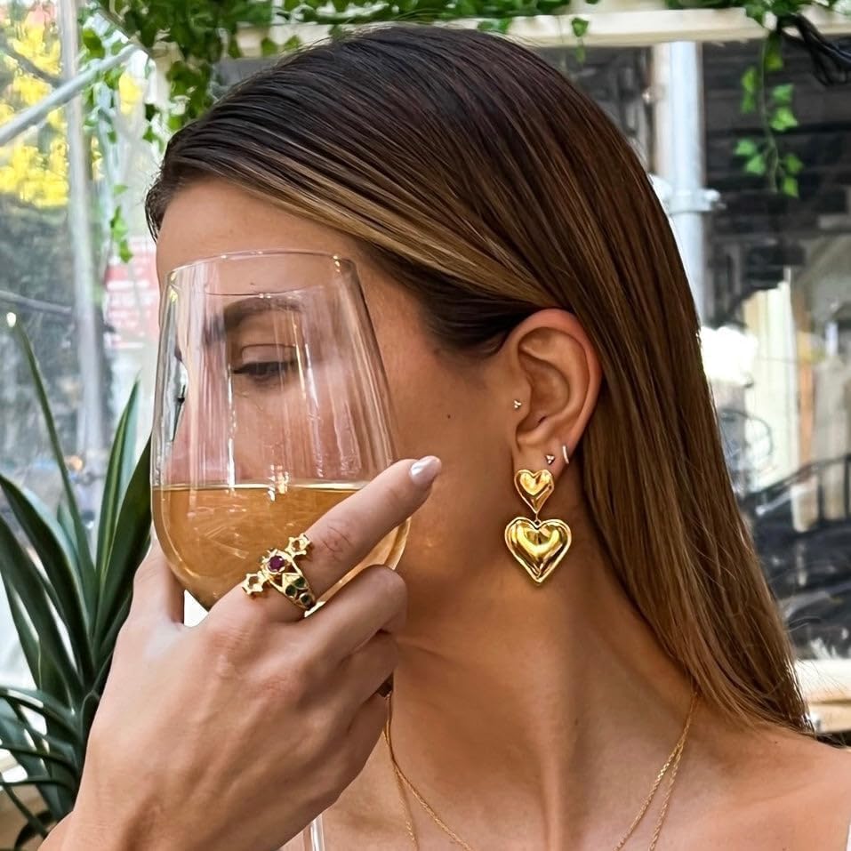 Gold Heart Drop Earrings, Double Heart Statement Dangle Earrings for Women2