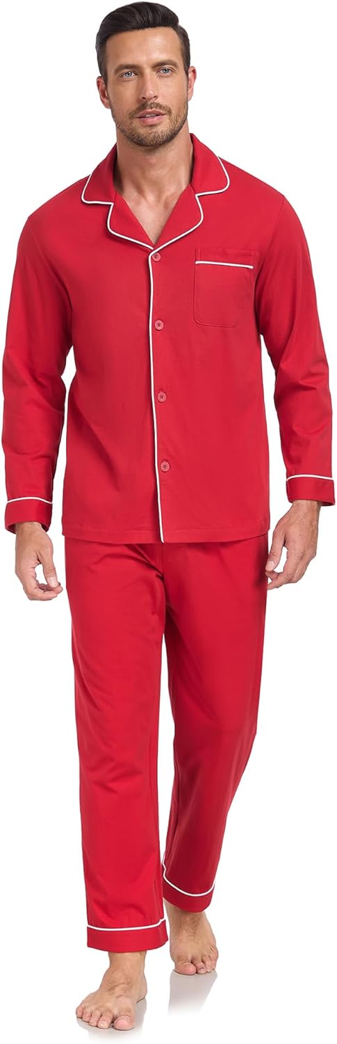 MAYFISH 100% Cotton Men's Pajama Set Long Sleeve Long Pants with Pocket Breathable Pajama Set