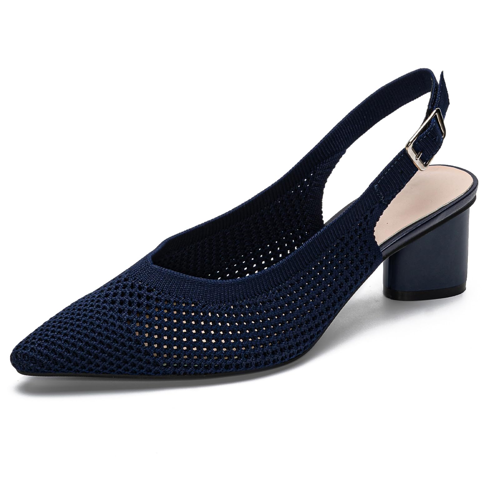 youngshow Womens Adjustable Slingback Heels, Pointed Toe Mid-Low Heel, Cute Knitted Slip On Work Pumps Dress Shoes
