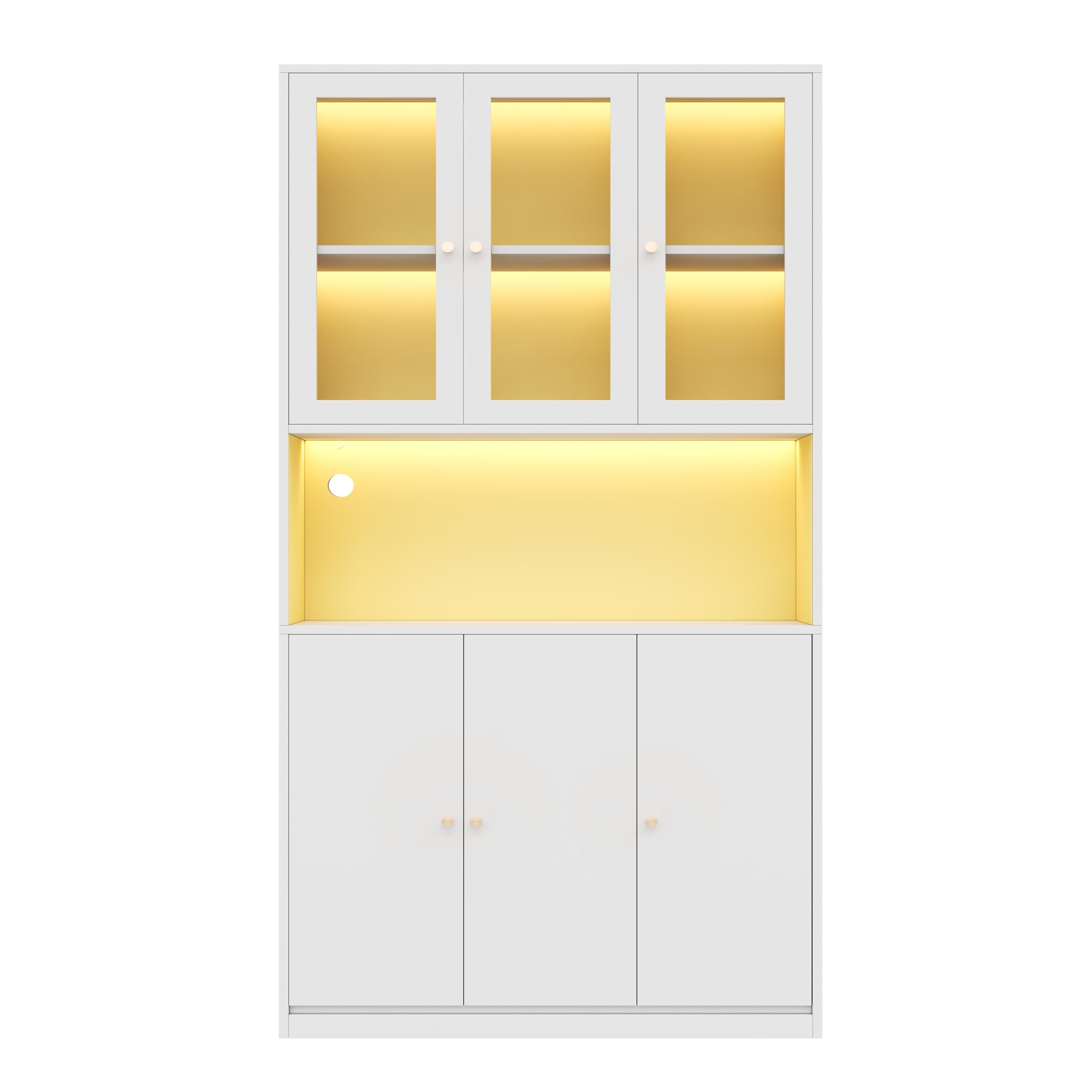 Vitrina LED, Vitrinas de Cristal con Espacio de Almacenaje, Alacena de Cocina con 6 Puertas, Mueble Auxiliar con Gestión de Cables, Vitrina Expositora Armario Alto, 100x35x200 cm, Blanco