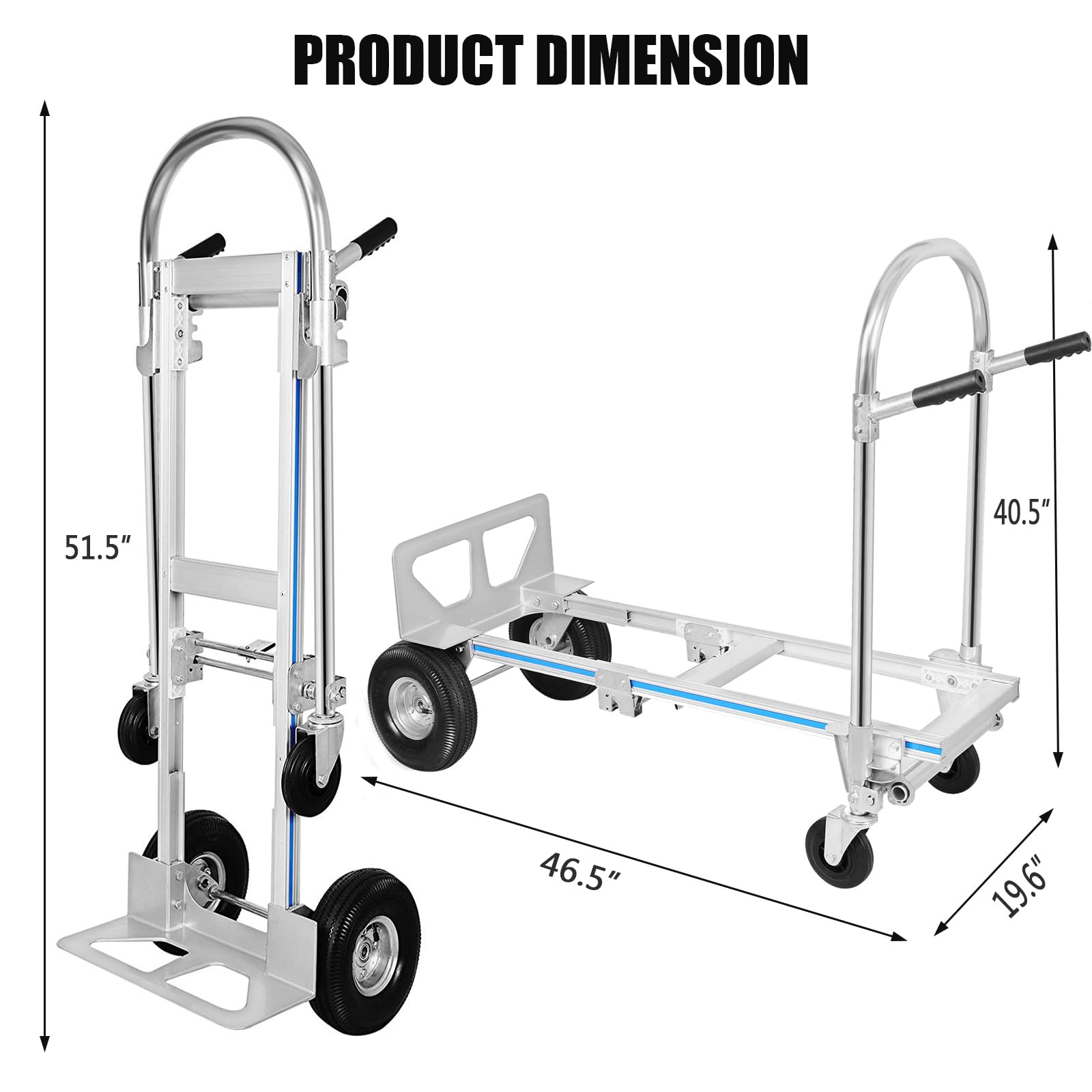 Leomru Aluminum Hand Truck, Heavy Duty Convertible Hand Truck Dolly 2 in 1 Design, 880 LBS Utility Cart Dolly Cart with Rubber Wheels Commercial Grade for Transportation in Warehouse