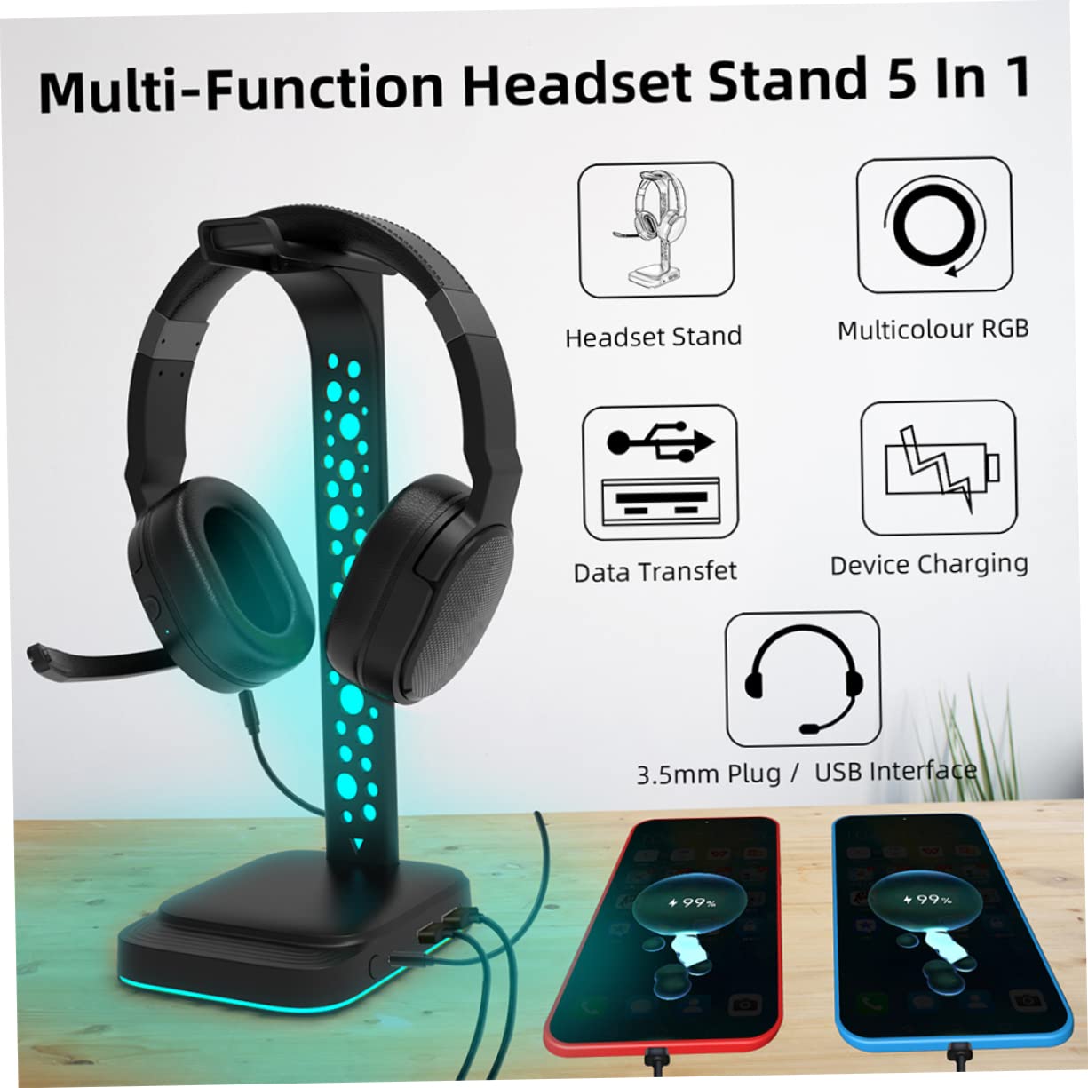 NUOBESTY Soporte para Auriculares RGB Base Antideslizante de Abs, Diseño Multipropósito y Doble USB para Escritorio Gaming PC