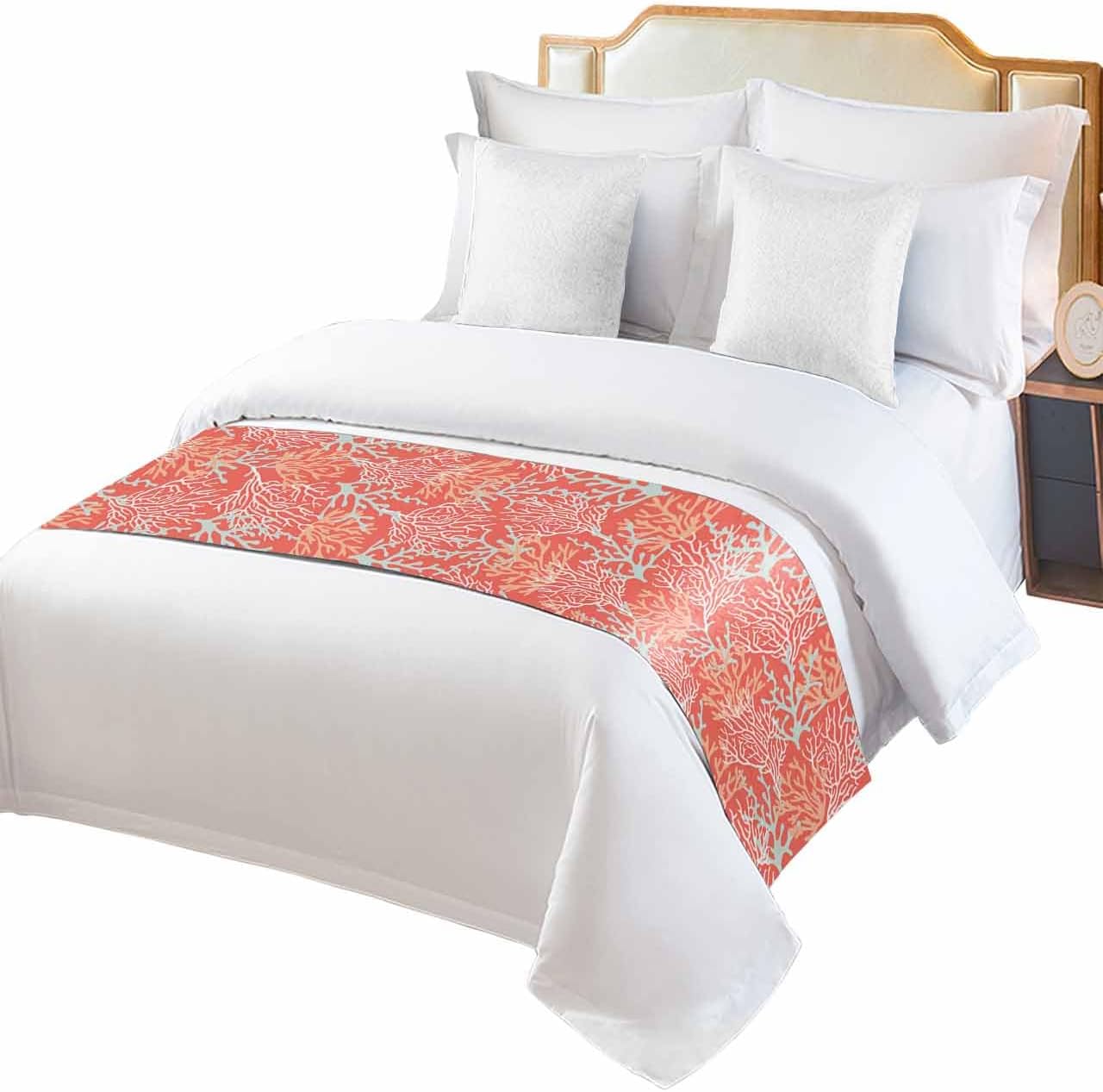 Orange Coral Red Bed Runner Scarf Full Queen Size,Luxury Bed Throw Runners & Scarves for Twin Full Queen King Foot of Bed Hotel Wedding Room Decoration,Abstract Beach Ocean Sea Summer White 83"x20"