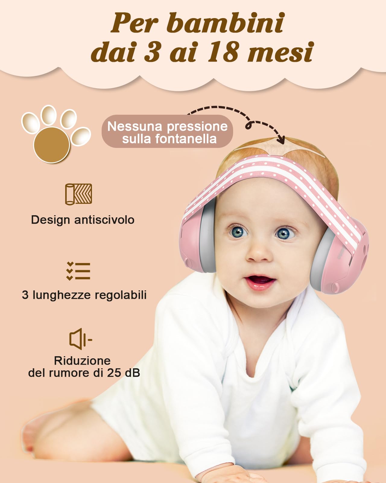 Lilian&Gema 2 in 1 Cuffie Neonato Antirumore -25dB,Protettori acustici per neonati, archetto regolabile, antiscivolo e antistress, protezione acustica ideale per neonati fino a 48 mesi
