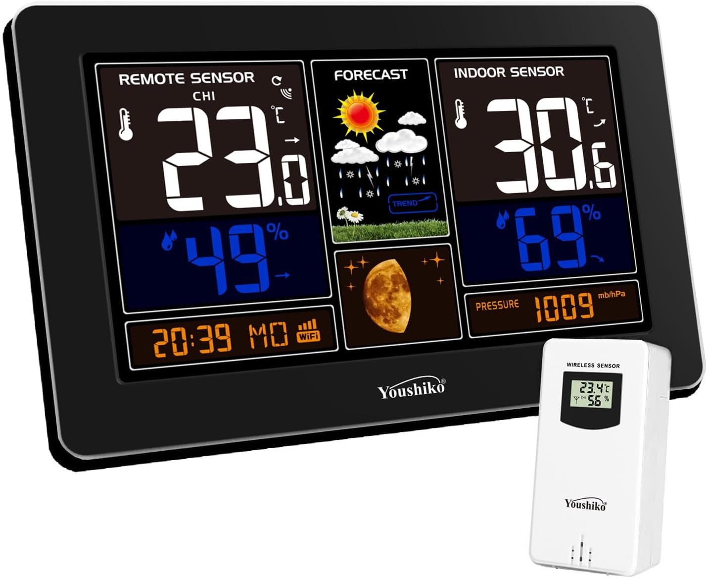 YoushikoWIFI Weather Station (Official 2024 UK Version) Wireless indoor Outdoor Temperature Thermometer, Humidity, Barometric Pressure, Moon Phase