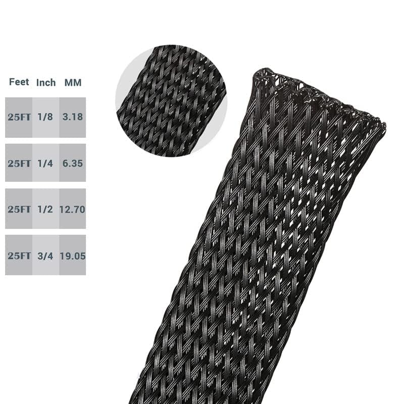 Manicotto In PET Intrecciato Espandibile 1/4 Per Cavi – 25 Piedi Nero