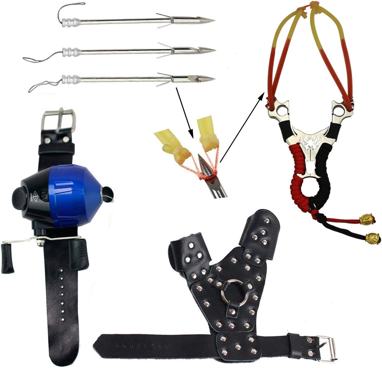 SinoArt Powerful Slingshot Bow Fishing Set Reel Hunting Catapult Steel Broadheads Darts Protect Wristband Right Hand Guard