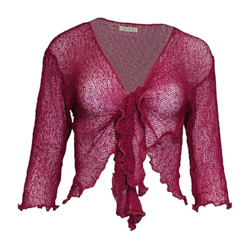 Kiran Fashion Womens Tie Up 3/4 Sleeve Ladies Fine Knit Bolero Cropped Stretchy Shrug Top Jacket Cardigan One Size, Magenta, One Size