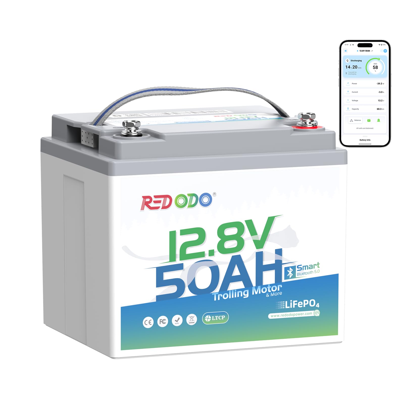 Redodo 12V 50Ah Bluetooth LiFePO4 Lithium Battery for Trolling Motor