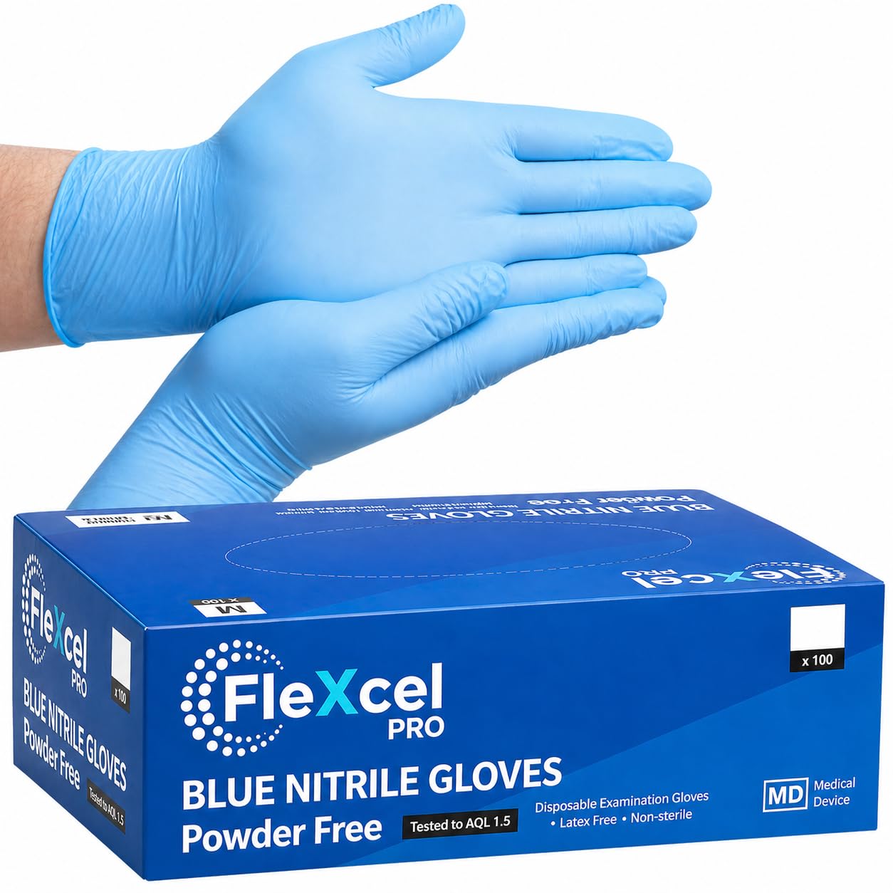 FleXcel Pro Blue Nitrile Gloves Size Small Box of 100 – Superior Powder Free Latex Free Disposable Gloves - Medical Grade for Food Prep Cleaning & Mechanics