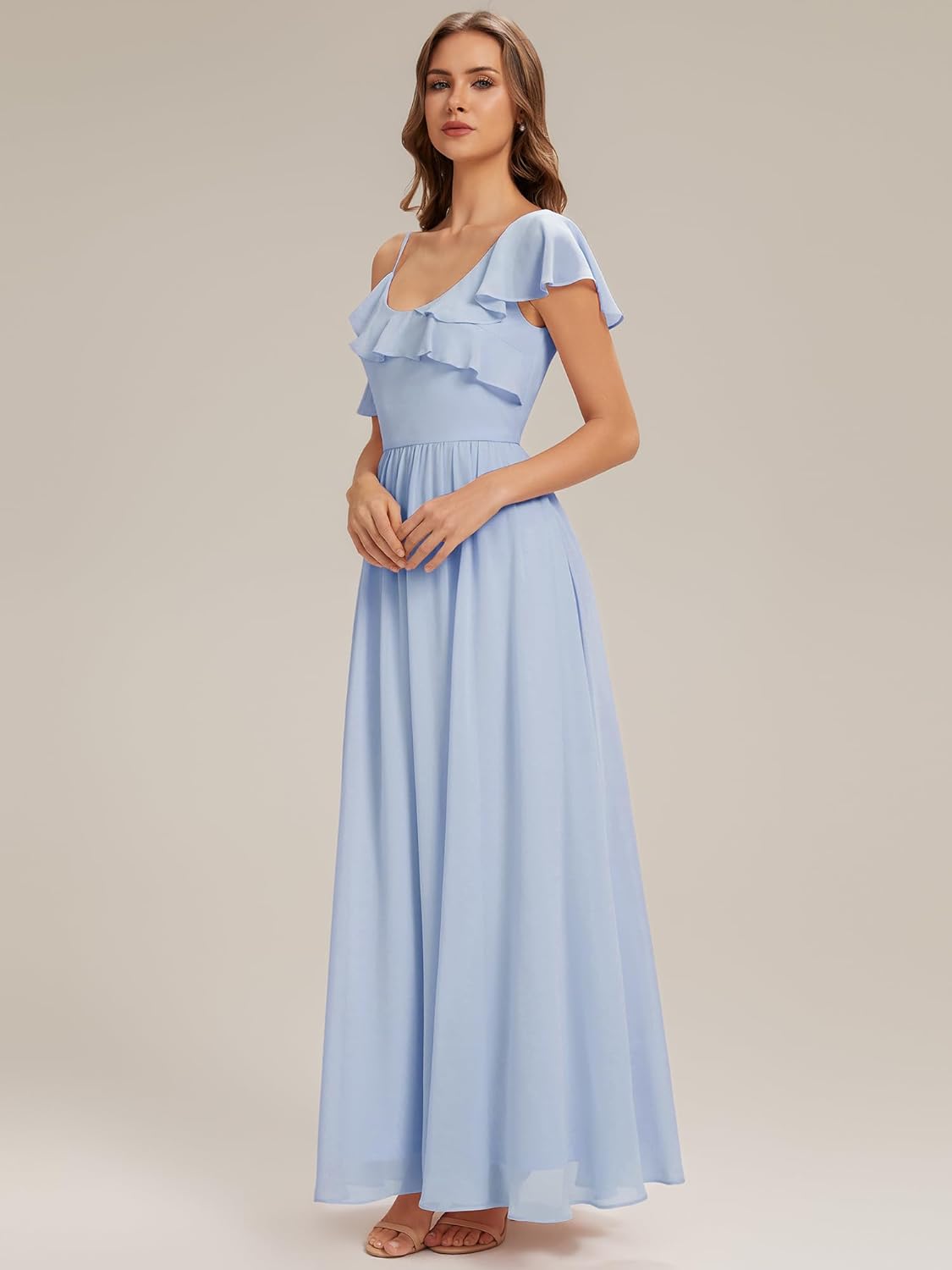 Ever-Pretty Women’s Chiffon Bridesmaid Dress V Neck Short Sleeves Ruffle A-Line Floor Length Formal Wedding Guest Dress 02709