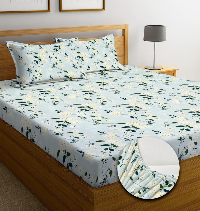 Image of NHD HOME Premium Cotton Elastic Fitted Bedsheets with 2 King Size Pillow Covers Double Bed with All Around Elastic Supersoft Size - 72 x 78 +10 inches Floral Pattren Aqua and Green 200 tc - 220 tc