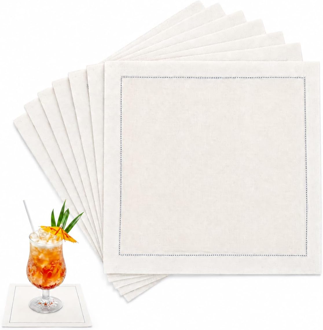 8PCS Linen Cocktail Napkins, 6x6 Inch Reusable Natural Linen Cloth Fabric Serviettes Napkins, Hemstitch Edge Serviettes for Wedding Birthday Party Home Bar Beverage Supplies