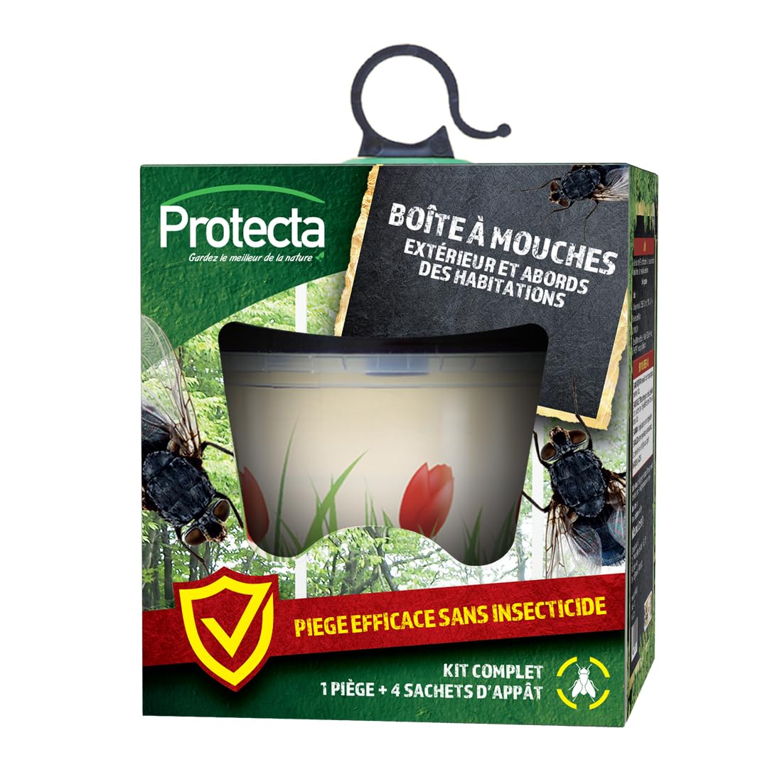 Protecta® - Piège à Mouches Extérieur Réutilisable - Anti-​Mouches Efficace sans Insecticide - avec 4 Appâts Alimentaires - Idéal pour Jardin & Terrasse - Fabriqué en France (1)