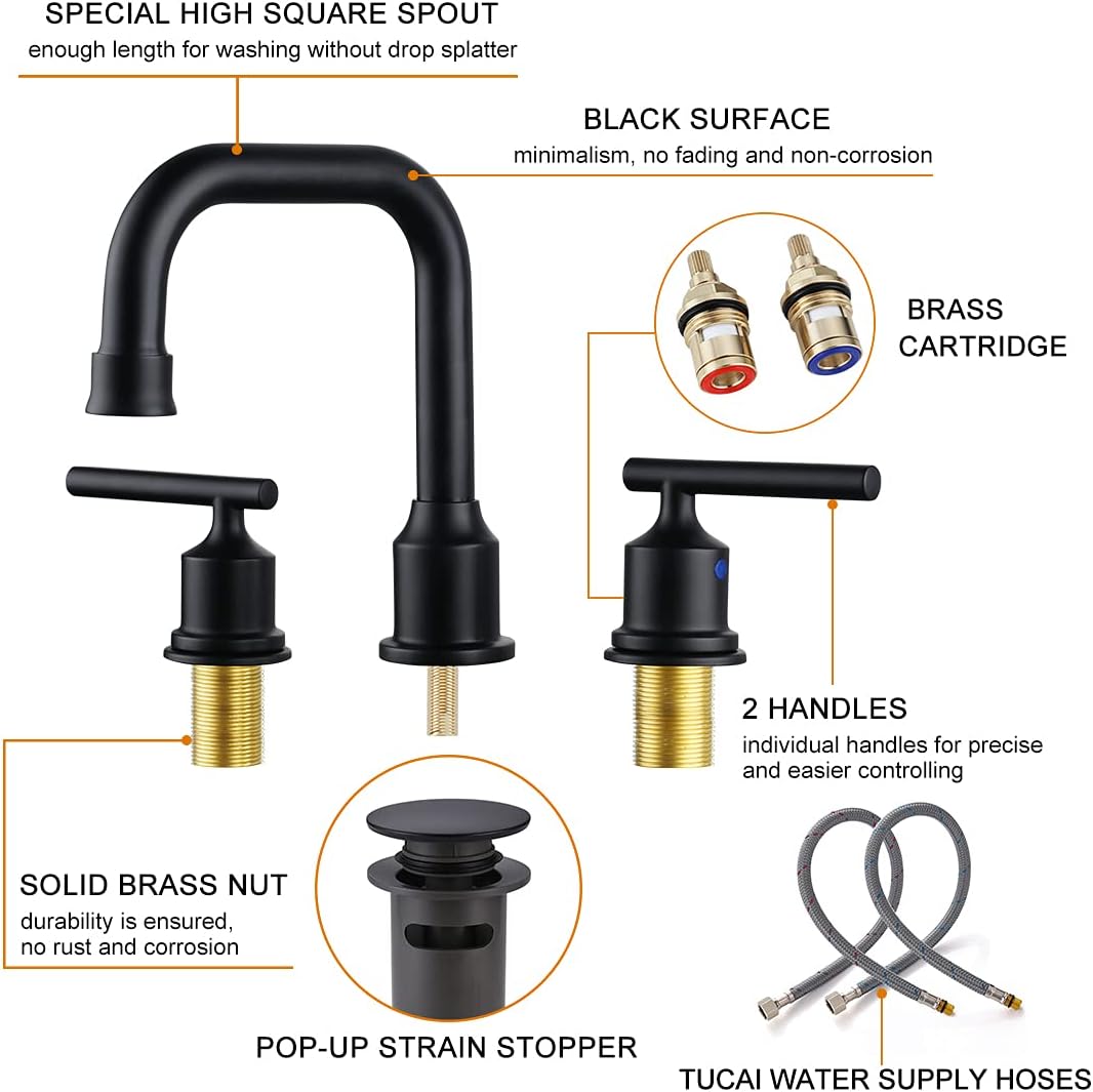 Blасk Frіdау - 50% оƒƒ WOWOW Two Handles Widespread 8 inch Bathroom Faucet Black 3 Pieces Basin Faucets 360 Degree Swivel Spout Lavatory Sink Faucet