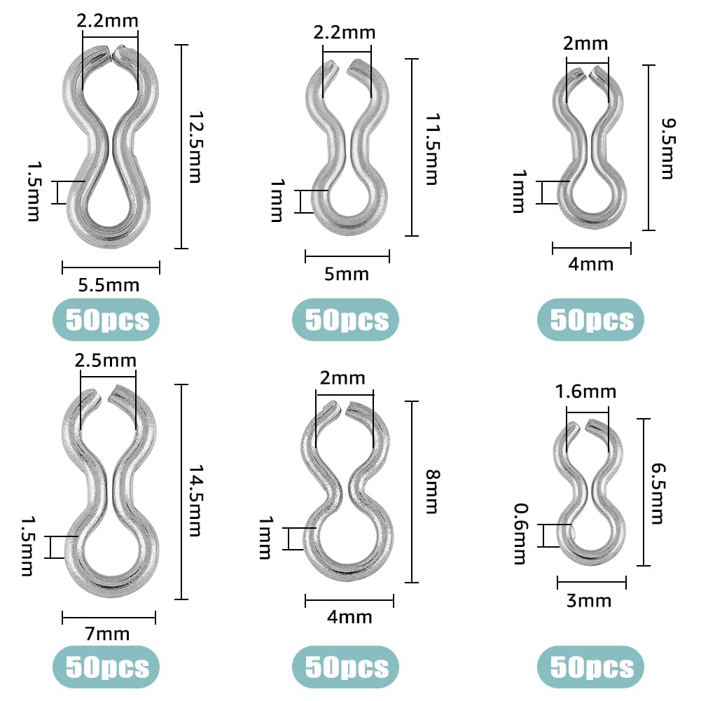 SUPERFINDINGS 300Pcs 6 Style 304 Stainless Steel Fishing Sinker Eyes 1.6~2.5mm DIY Fishing Lures Eyelet Silver 8 Shaped Loops Swivels Clip for Weights Molds Tackle Accessories