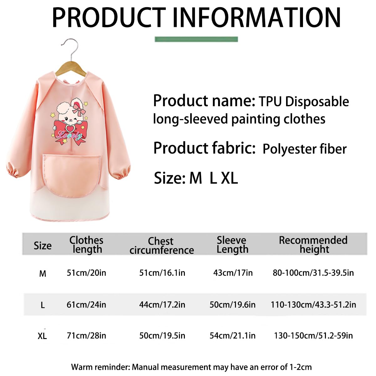 LXOrdora Kids Art Apron Waterproof Smock Long Sleeved Rabbit M, Fit Height 80-100cm - Image 3