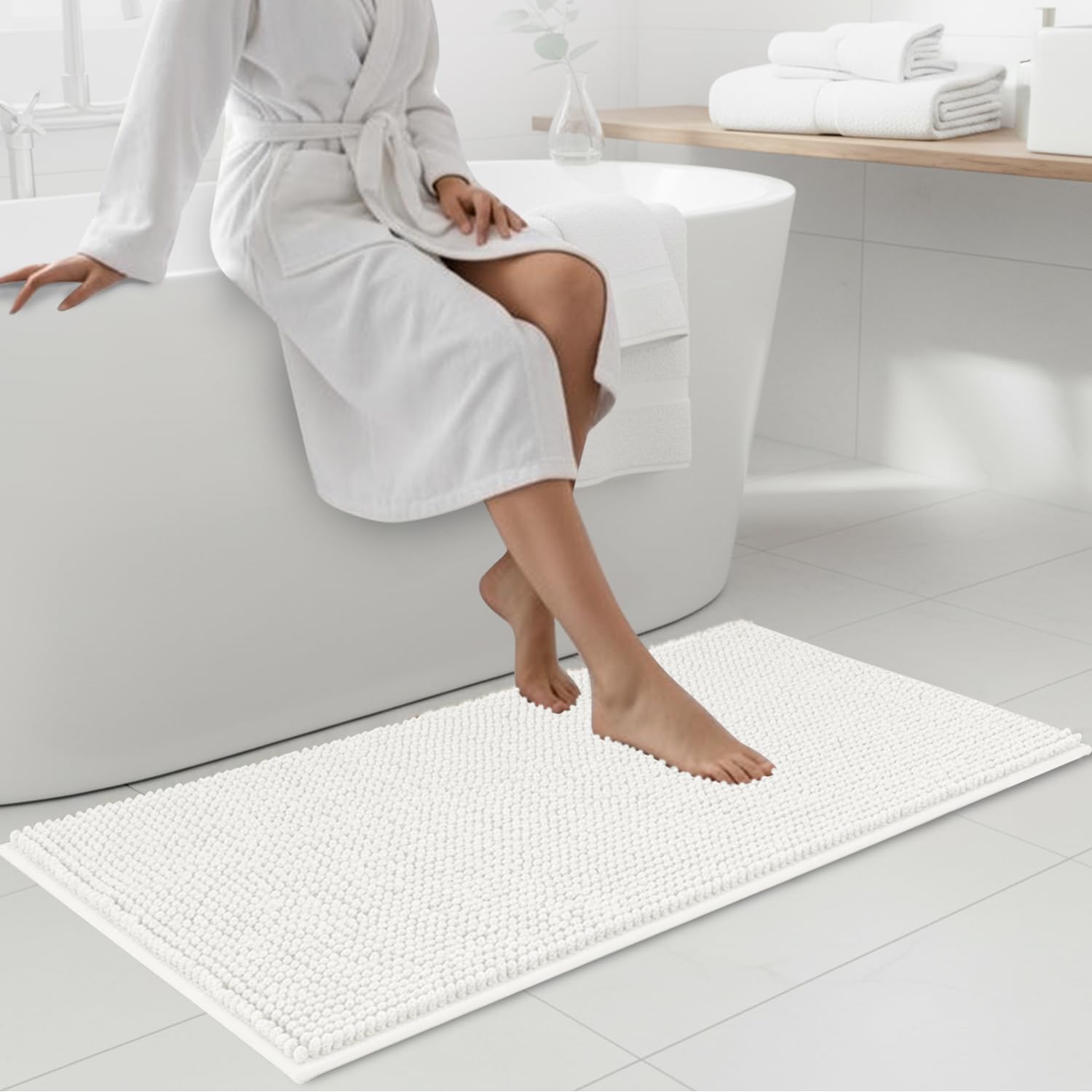 Hafaa Bath Mat Non Slip Anti Mould – White Chenille Bathroom Mat 60 x 90 cm Machine Washable Bath mats Super Absorbent Extra Soft Fluffy Shower mat