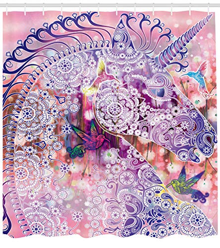 ABAKUHAUS Unicorn Shower Curtain, Fantasy Animal with Floral Ornaments and Birds on Natural Pink Background - Image 2
