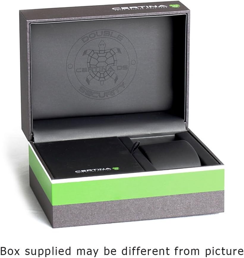Certina watch presentation box, open to show the watch cushion and manual compartment