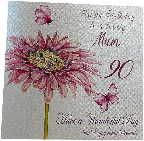 White Cotton Cards WBA90-MUM-Tarjeta cumpleaños Hecha a Mano con Texto en inglés Pink Gerbera, Happy Birthday 90 Mum Have a Wonderful Day, Color Blanco, Algodón, 16cm x 16cm