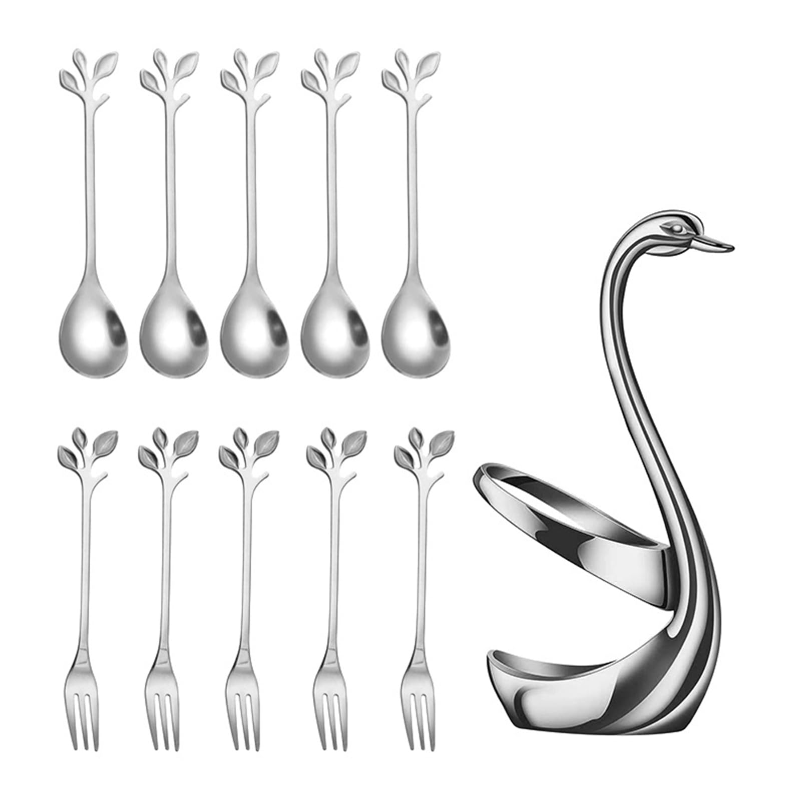 jiingekk Of 1 Set Modern Stainless Steel Serving Spoon and Small Fork with Decorative Cygnet Base for Daily Use Elegant Tableware
