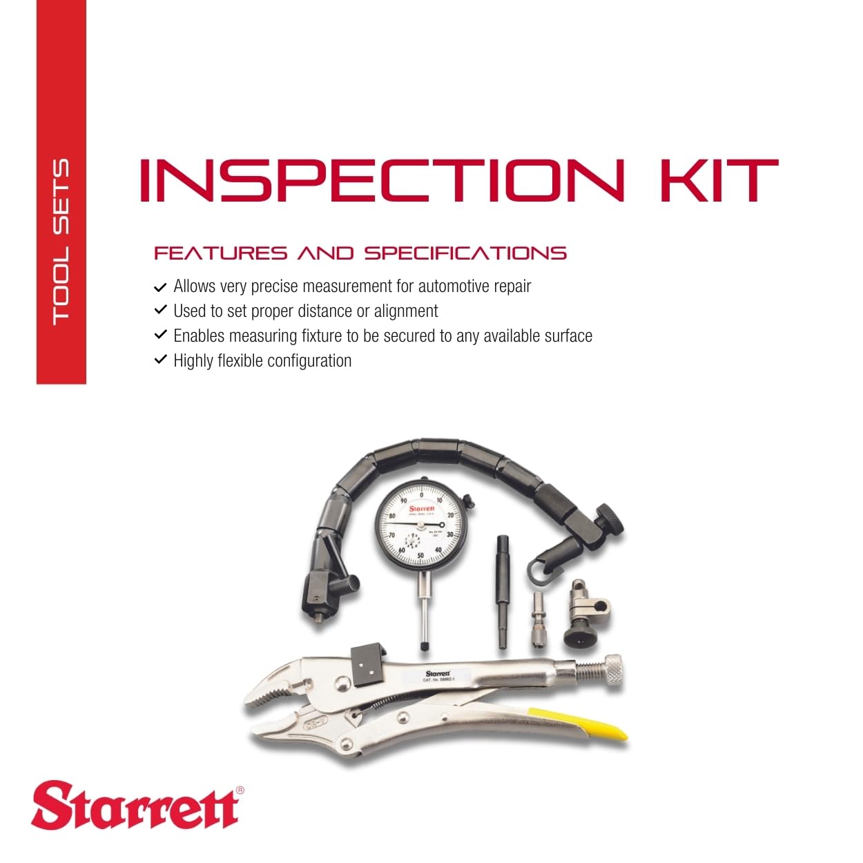 Starrett Automotive Inspection Kit with Dial Indicator, Pliers and Flex-O-Post - Ideal Used for Proper Distance or Alignment, 1" Range, 0-100 Dial Reading - S898Z-1