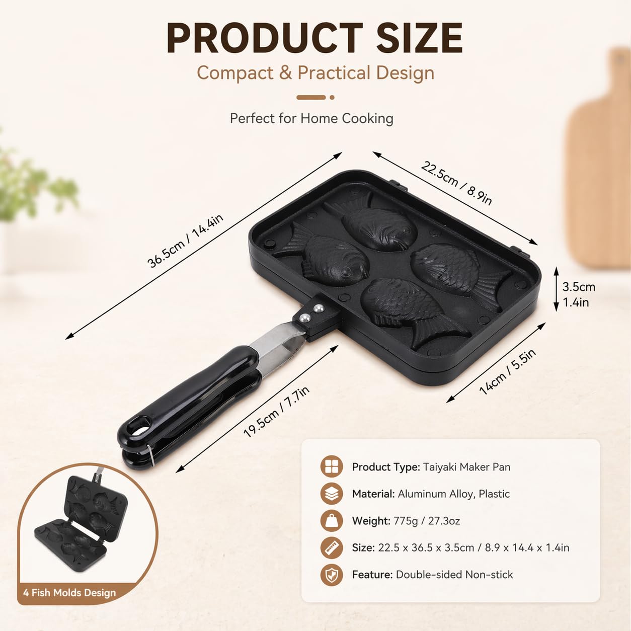 Yctze Moule à gâteau double Taiyaki en forme de poisson, antiadhésif, mini gaufrier avec long manche, moule électrique japonais coréen pour enfants et professionnels