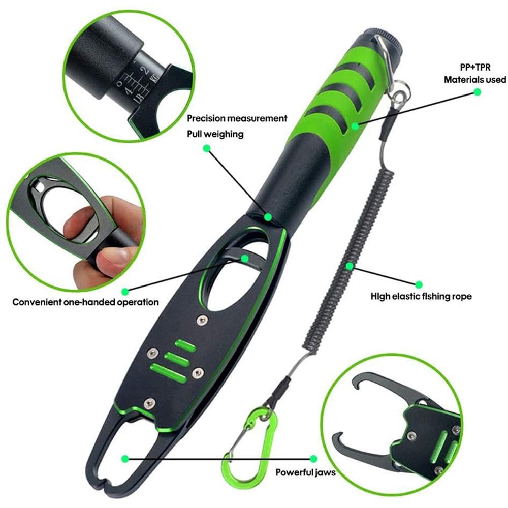 Set di 3 pinze da pesca portatili, in acciaio inox e alluminio, con bilancia e cordino, 15 kg