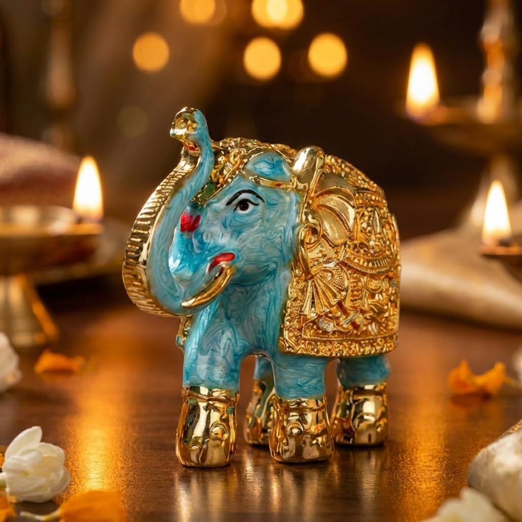 Pearl Enamel 24k Gold Plated Elephant Idol Showpiece for Vastu, Good Luck, Gifting for House Warming and Home Decor - 3 Inches - 1 Piece (Blue)