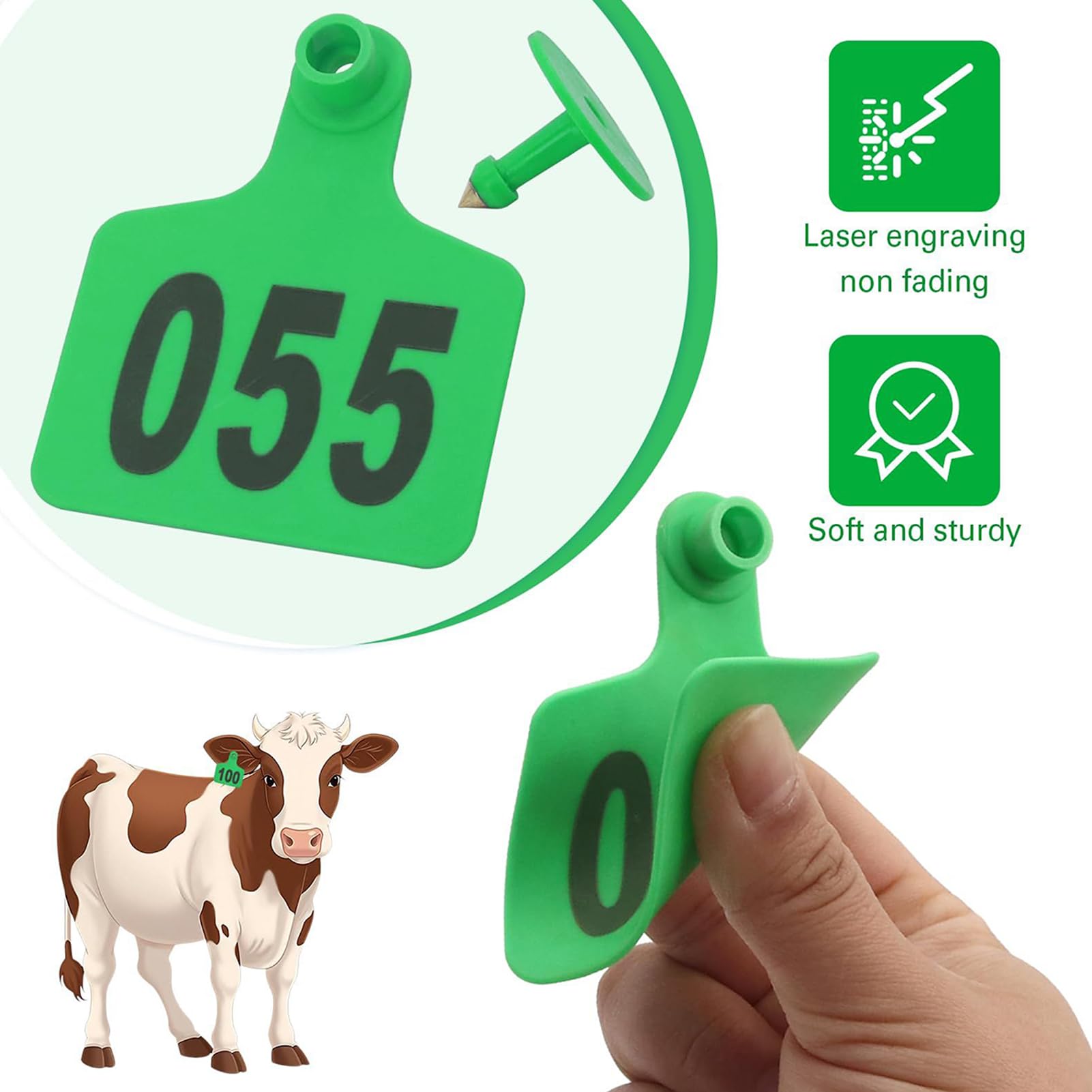 Étiquettes d'oreilles de vache | Étiquettes de marquage du bétail, 001 à 100 étiquettes d'identification d'animaux avec applicateur pour la gestion du bétail, les bovins, les chèvres et les programmes