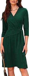 GRACE KARIN Womens Cocktail Dress Faux Wrap V Neck Pleated 3/4 Sleeve Stretchy Midi A Line Wedding Guest Dress