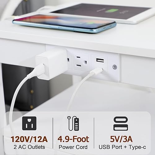 Miniatura 5 de LOAKEKEL Juego de 2 mesitas de noche blancas con estación de carga, mesas auxiliares LED con puertos USB C y 2 tomas, mesita de noche con 4 cajones