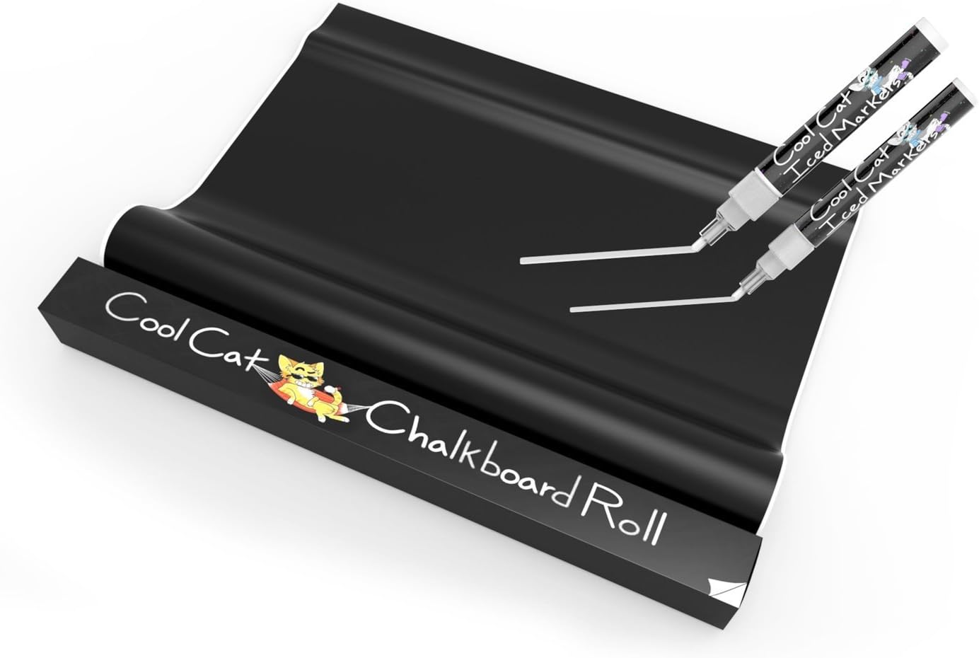 Cool Cat Large Chalkboard Wall Sticker 18in x 6.5ft Made of self-Adhesive Black Vinyl Contact Paper + 2 erasable White Liquid Chalk Paint pens