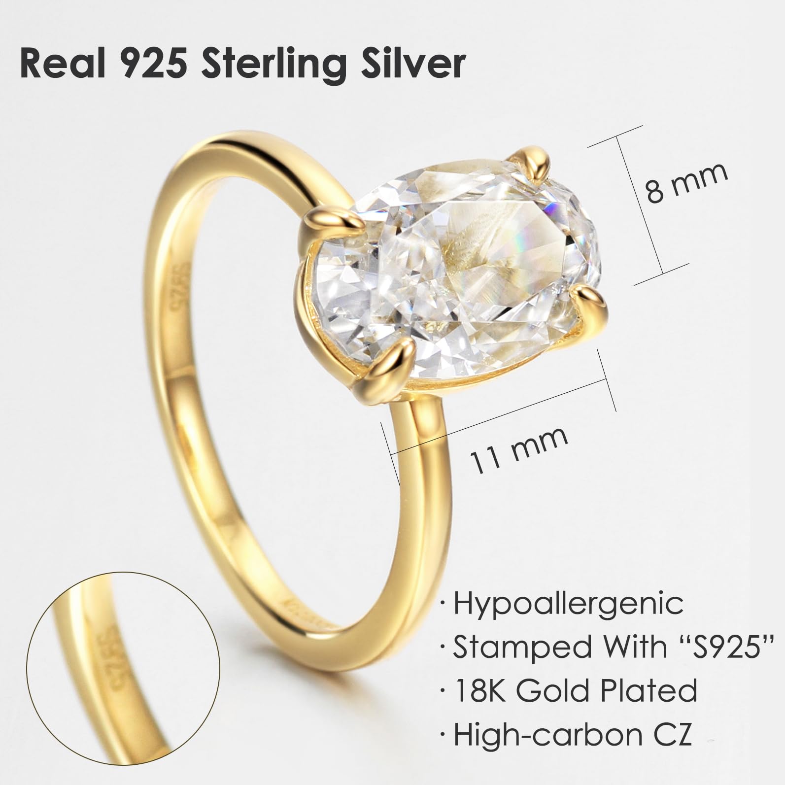 Michooyel Anillos de compromiso chapados en oro de 18 quilates con circonita cúbica de corte ovalado de 4 quilates para mujer, anillo de boda de plata de ley, anillo de promesa