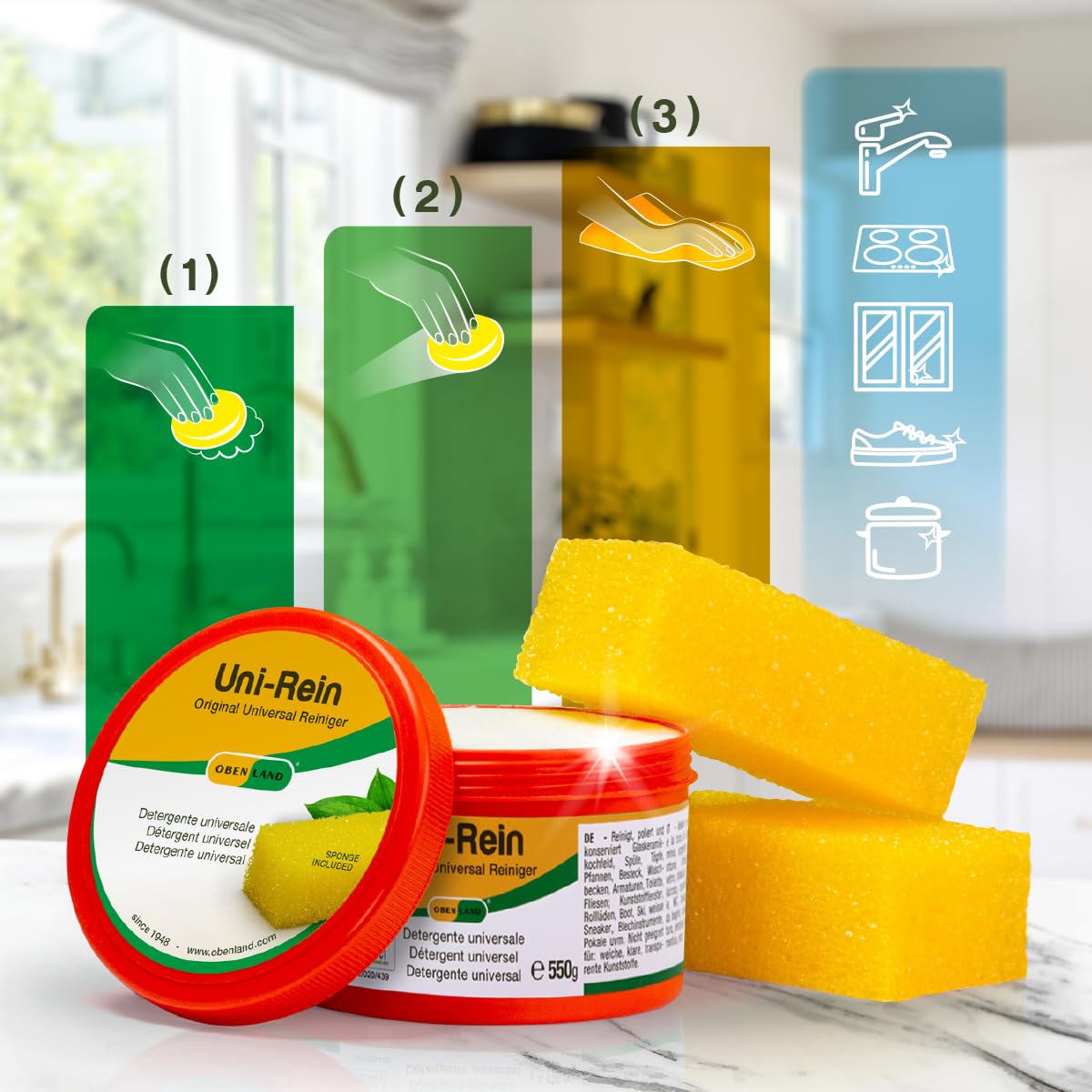 Obenland Uni-Rein Piedra de Limpieza Natural 3x300 gr– Limpiador Universal con Esponjas para Cocina, Baño, WC, Cristales, Inox, Zapatillas