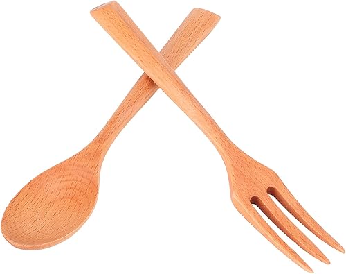 Miniatura 4 de Juego de 2 tenedores y cucharas de madera resistentes al calor, utensilios de cocina duraderos para el hogar, restaurante, oficina (cucharas y