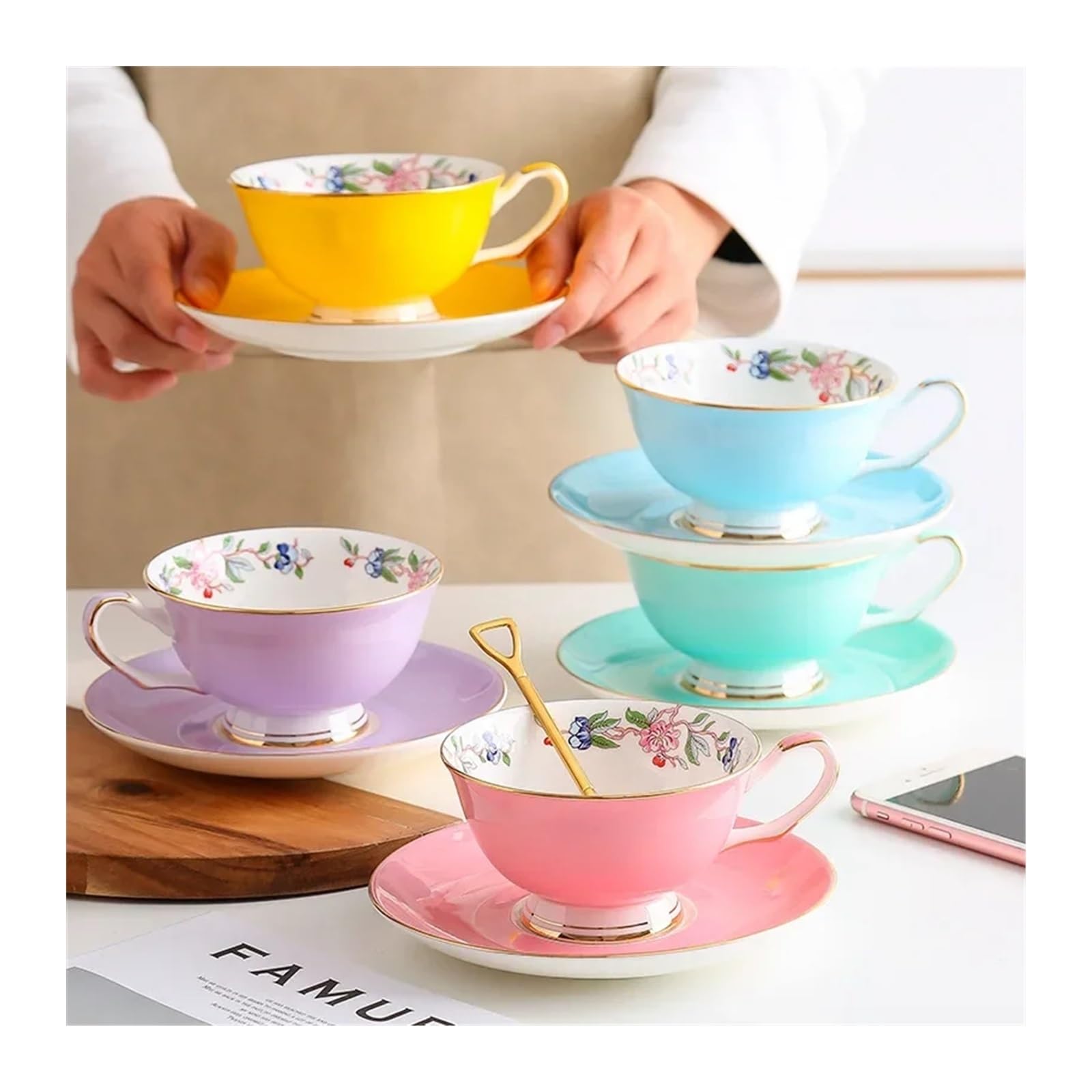 Tazas de café grandes de cerámica, Juego de 8 tazas porcelana for café y té, multicolor(Oranje)