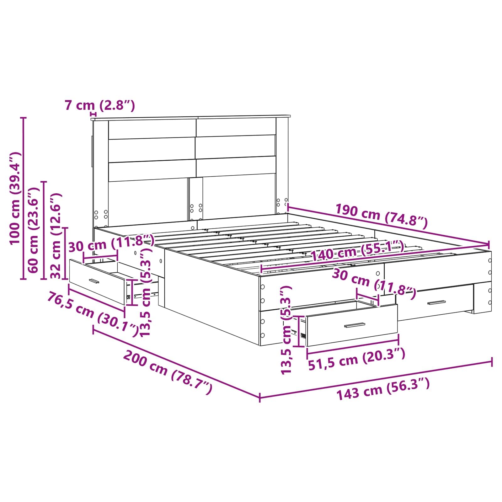vidaXL Estructura de Cama con cajón Gris Sonoma 140 x 190 cm