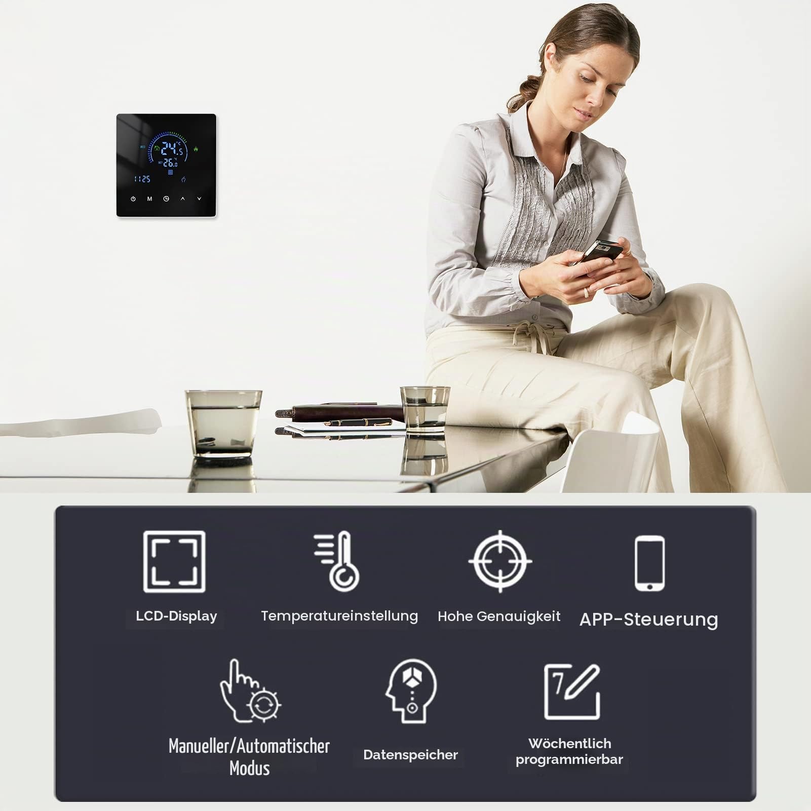 Decdeal WiFi Smart Intelligent Thermostat Temperature Controller for Water Heating Equipment LCD Display Touch Button Programmable App Remote Control Underground Heating for Home Office School Hotel