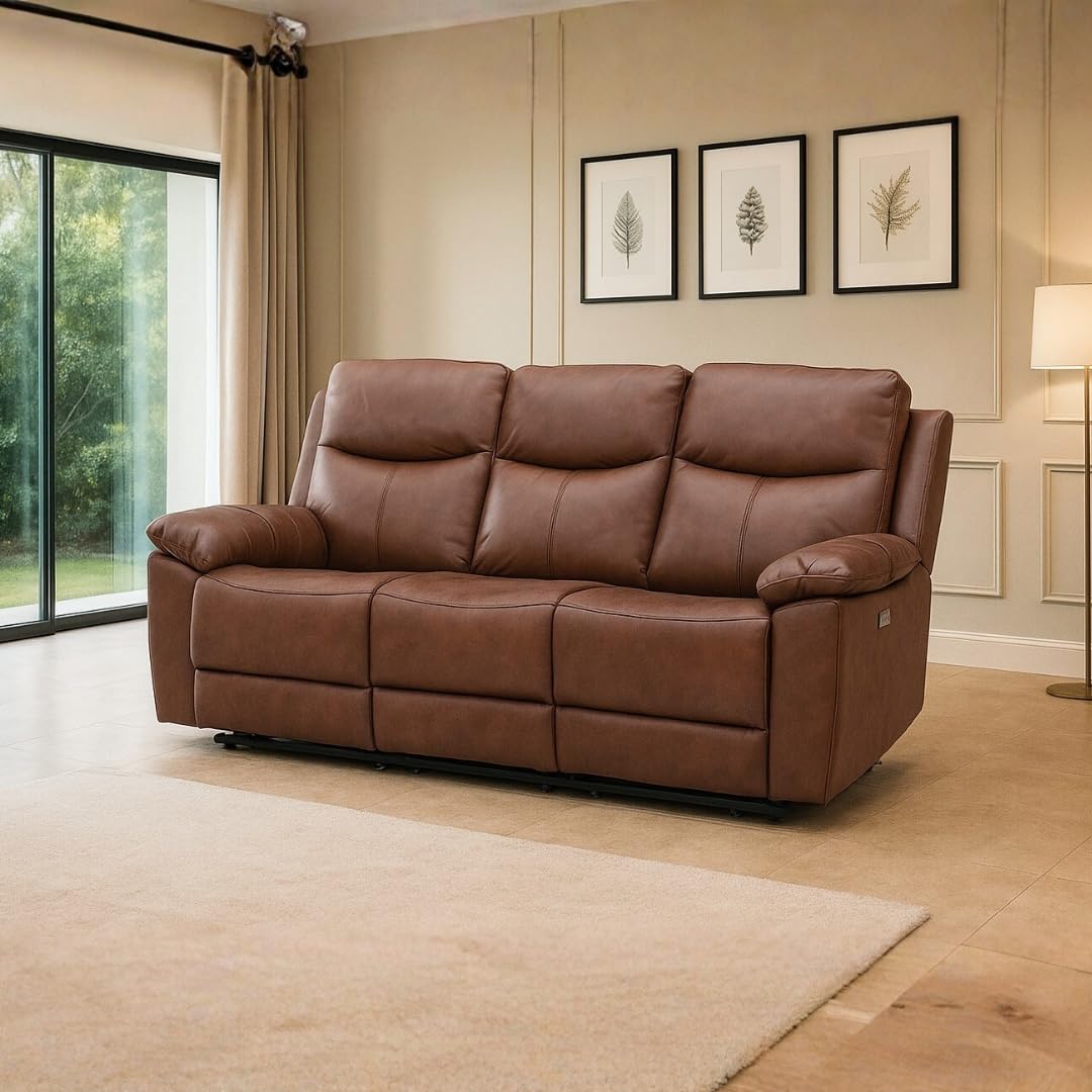 Dallas American Half Leather Power Motion 3 Seater Recliner Sofa | Comfortable Recliner for Living Room with Tufted Design, Padded Armrests, USB Port,Pocket Springs & Heavy-Duty Metal Support