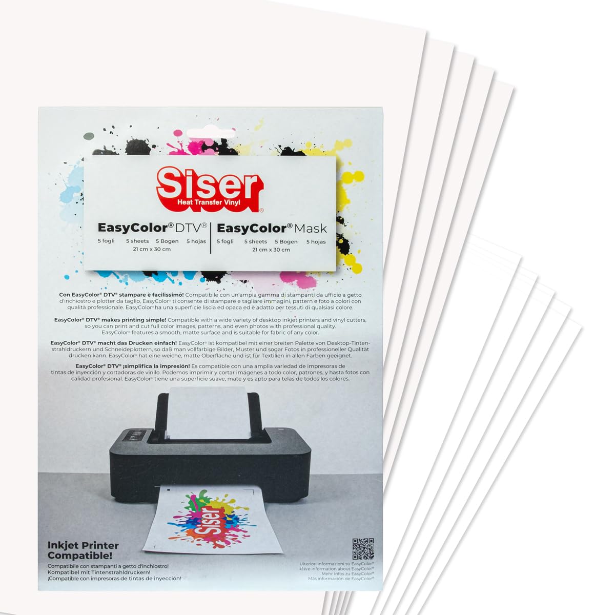 Siser Easy Color DTV pack 5+5, Vinile Termotrasferibile Termoadesivo Stampabile con Stampanti a Getto d'Inchiostro. 5 Fogli Formato A4 di Easy color e 5 Fogli Formato A4 di Application Tape